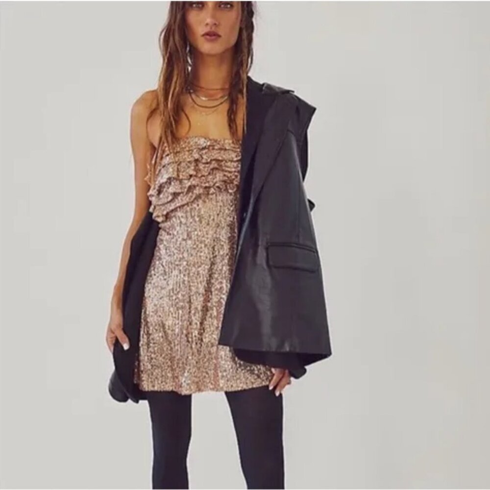 Free People Frida Sequin Ruffle Strapless Mini Dress